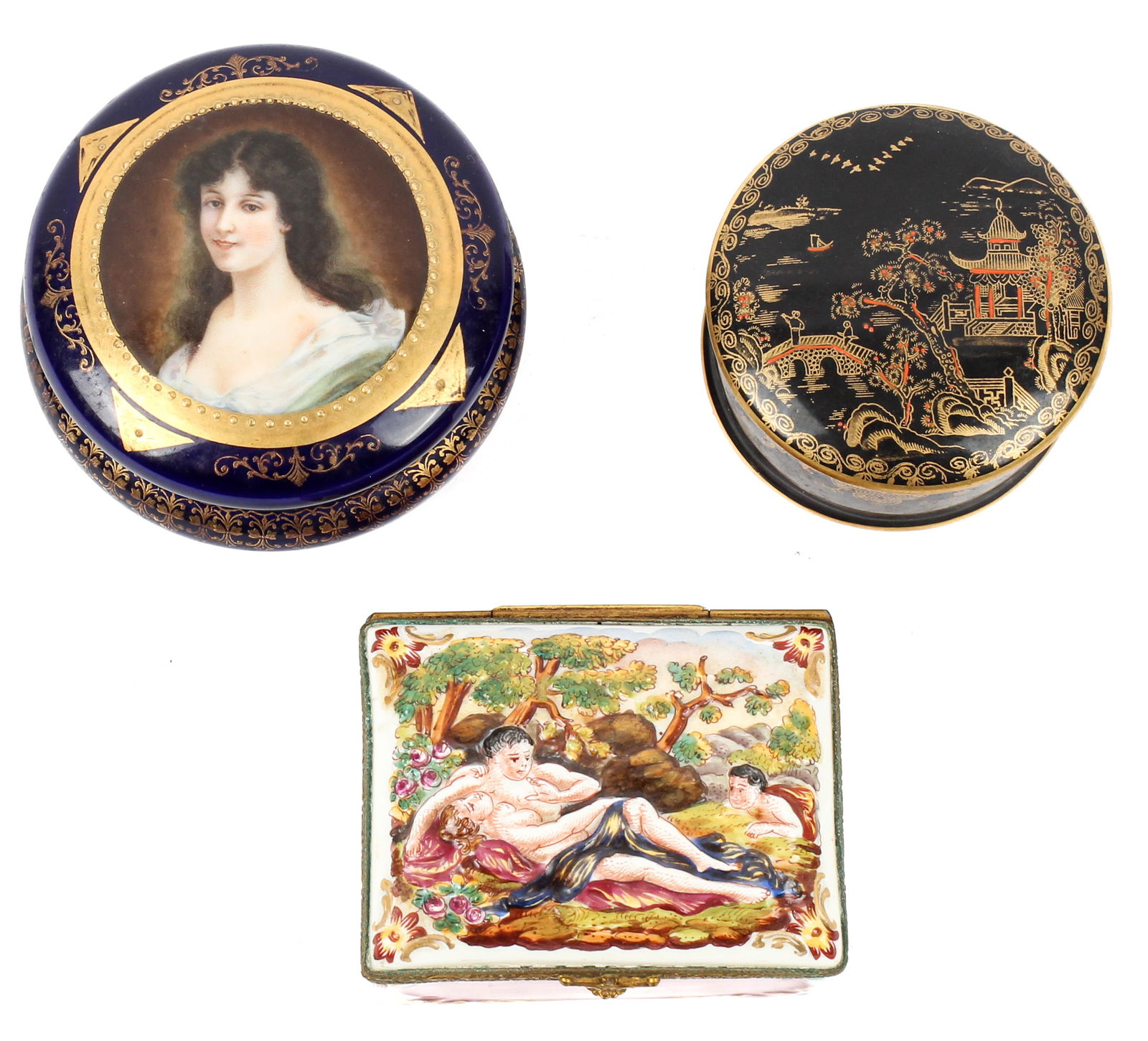 Group of Three Porcelain Trinket Boxes, Capodimonte, Royal Vienna, Crown Staffordshire: Description: A group of three porcelain trinket boxes, including a Royal Vienna portrait painted box, a Crown Staffordshire gilt on black ground Chinoiserie painted box, and a Capodimonte painted box