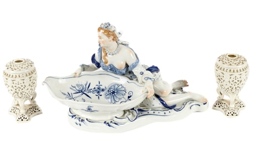 Meissen Sweetmeat Reclining Woman Dish and Worcester Potpourri Vases