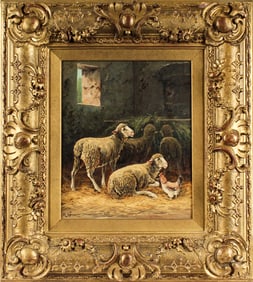 Rudolph Exner (German, 19th/20th Century) Sheep and a Rooster in a Barn Interior, Oil on Canvas