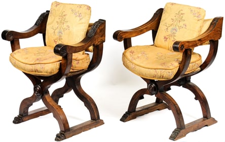 Near Pair of Antique Walnut Savonarola Chairs