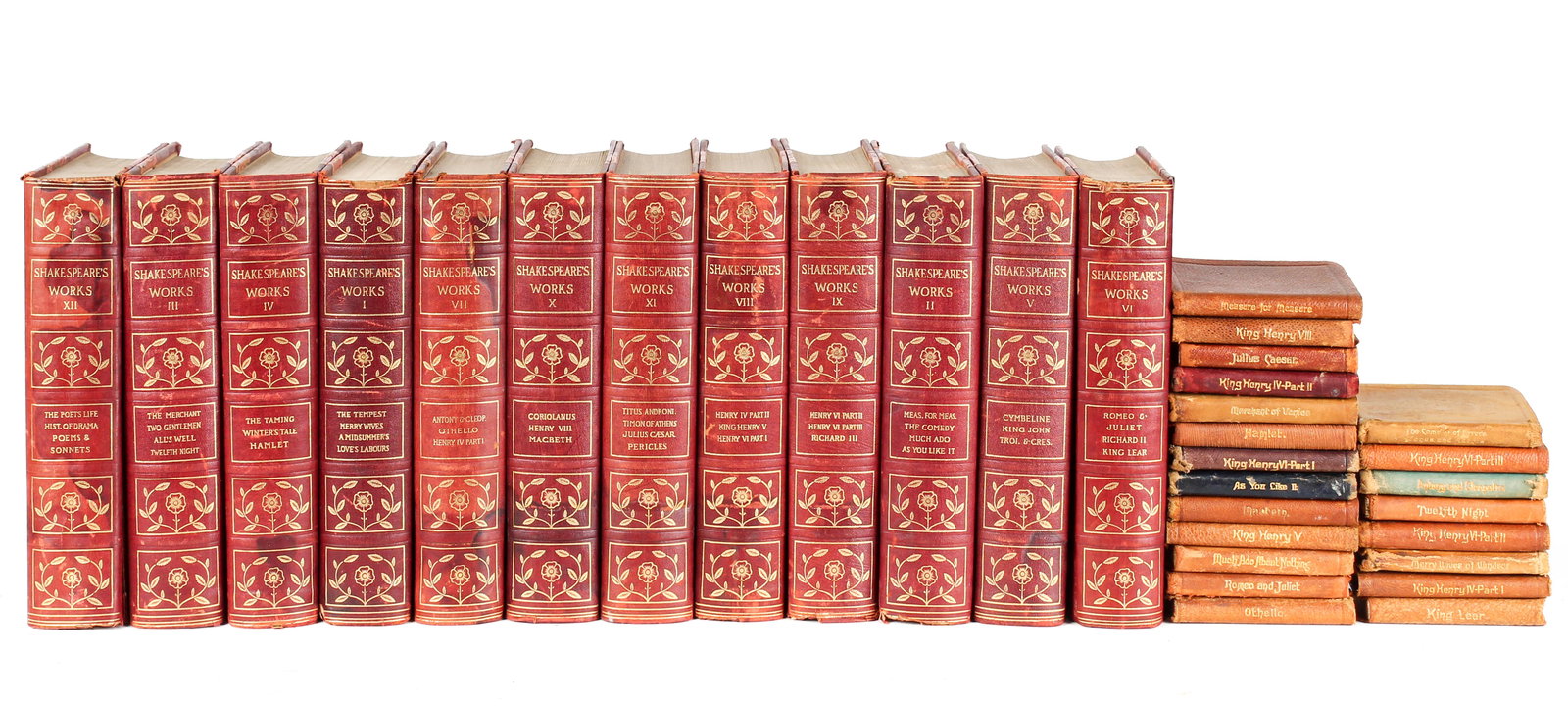 Twelve Leather Bound Volumes, Works of Shakespeare (English, 1564-1616) and Twenty-One Miniature: Description: Twelve volumes of the works of Shakespeare, 'Imperial Edition,' printed in 1901 by Hamilton Book Company, Chicago. Features red leather binding, floral gilt motifs, and marbled covers. Al