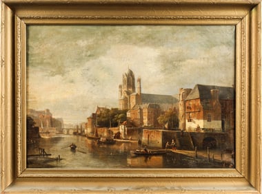 Kaspar Karsen (Dutch,1810-1896) Dutch Canal Scene, Oil on Canvas Painting