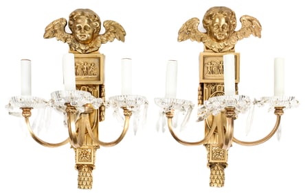 Pair of French Louis XVI Style Ormolu Crystal Wall Sconces