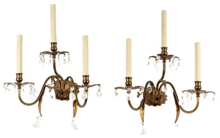 Pair of Brass and Crystal Three-Arm Wall Sconces, Crystal Pendants