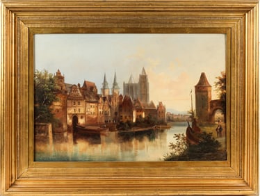 19th Century Dutch Cityscape Harbor Landscape, Oil on Canvas