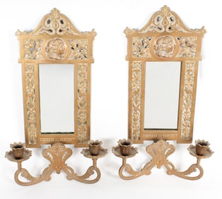Pair of Victorian Brass Mirrored Dual Wall Sconces