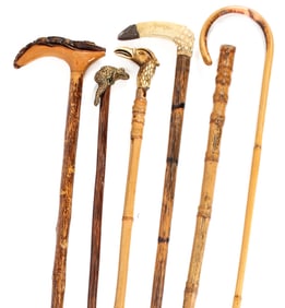Six Antique Wooden Canes and Walking Sticks