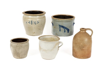 Five 19th Century Pennsylvania Stoneware Crocks and Jug