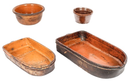 Four Glazed Earthenware / Redware Cooking Dishes, Including Two Drip Pans