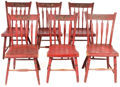 Six Red Painted Pennsylvania Folk Art Bent Arrowback Side Chairs