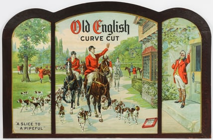 Large Old English Curve Cut Pipe Tobacco Sign in Oak Frame, Early 20th C.