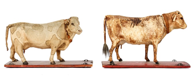 Two Early Folk Art Cow Pull Toys