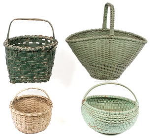 Four Early Hand Painted Splint Woven Baskets
