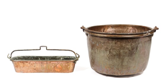 19th Century Copper Fish Poacher and Large Cauldron