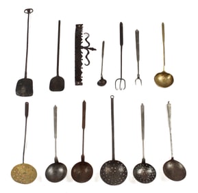 Assorted Group of Brass, Wrought, and Cast Iron Kitchen Tools