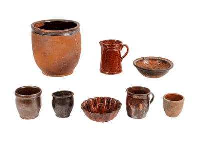 Eight Redware Crocks and Vessels