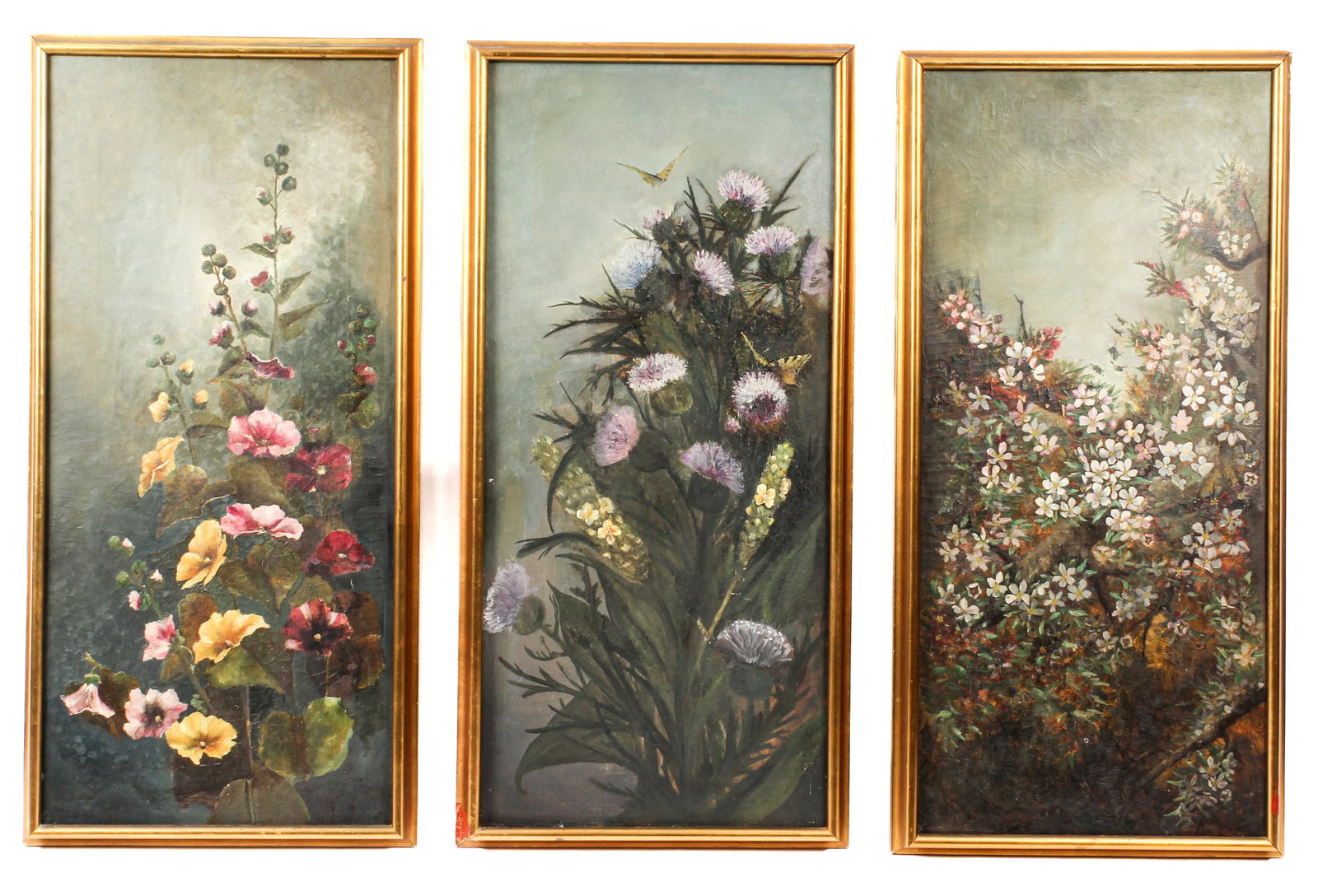 Three Victorian School Paintings of Insects Among Flowers: Description: Three late 19th century oil on canvas paintings depicting insects among flowers, including bees and butterfiles. Markings & Inscriptions: Unsigned Date: Late 19th century Maker: American 