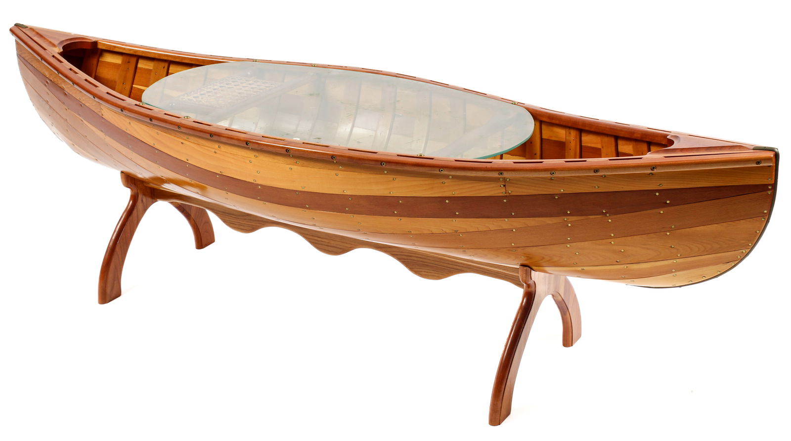 Carved Wooden Canoe Coffee Table with Glass Top (1 of 4)