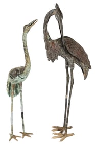 Two Large Patinated Bronze Garden Crane Sculptures