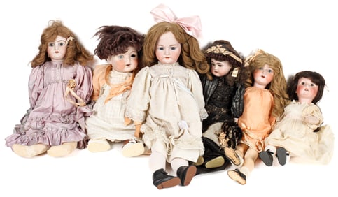 Six Antique Bisque Dolls Incl. Heubach, Fulper, Armand Marseille