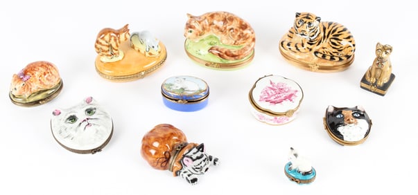 Ten Limoges Porcelain Cat Trinket Boxes
