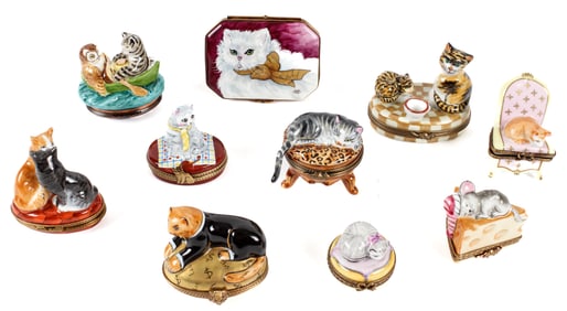 Ten Limoges Porcelain Cat Trinket Boxes