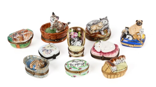Ten Limoges Porcelain Cat Trinket Boxes