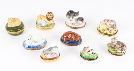 Nine Limoges Porcelain Cat Trinket Boxes