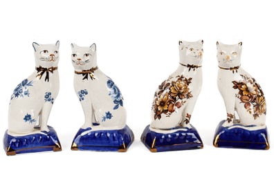 Four Transferware Floral Staffordshire Cats