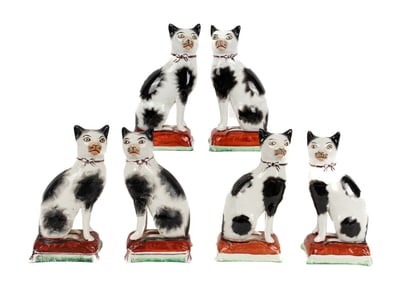 Six Staffordshire Black and White Cats