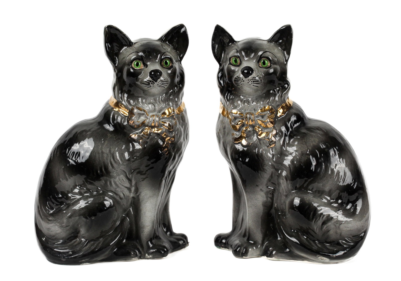 Pair of Large Staffordshire Gray Cats with Glass Eyes: Description: Bo'ness Staffordshire large gray cats with gilt bows, green glass eyes, hand painted features. Registration number marked on underside. Markings & Inscriptions: Registration number on und
