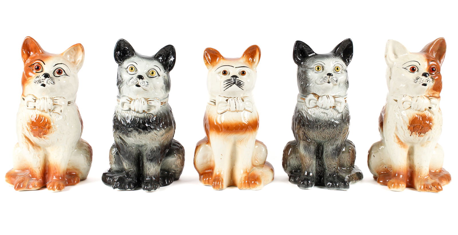 Five Large Victorian Staffordshire Sitting Cats with Bows (1 of 7)