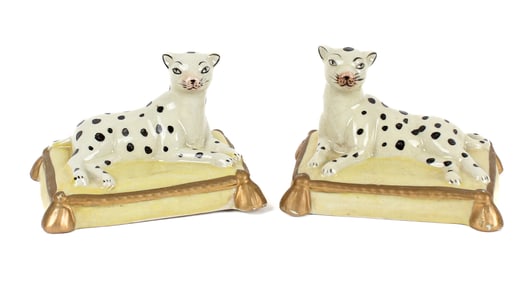 Pair of Reclining Snow Leopard Staffordshire Figures