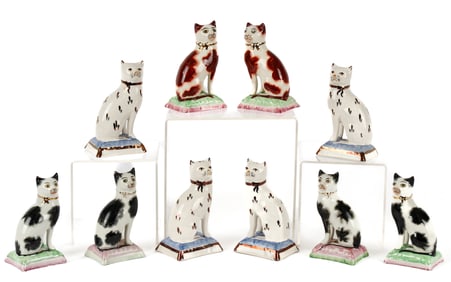 Ten Staffordshire Porcelain Cat Figurines