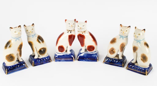 Six Hand-Painted Staffordshire Cat Figurines