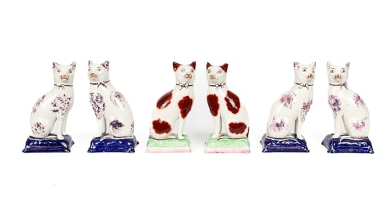 Six Hand-Painted Staffordshire Cat Figurines