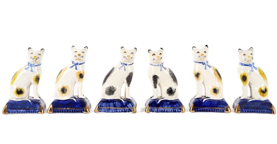 Six Hand-Painted Staffordshire Cat Figurines