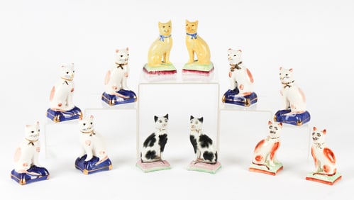 Twelve Hand-Painted Staffordshire Cat Figurines