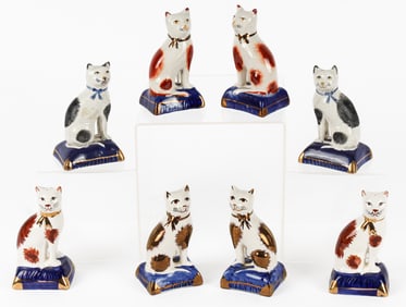 Six Hand-Painted Staffordshire Cat Figurines, Pair of Staffordshire Style Seated Cat Salt and Pepper