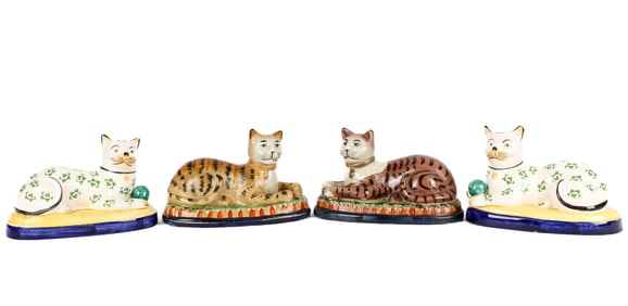 Near Pair of Recumbent Staffordshire Cat Figurines