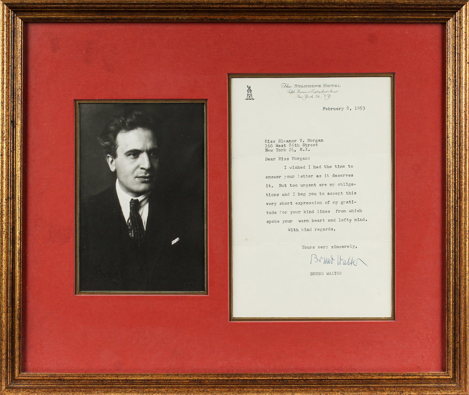 Bruno Walter (1876-1962) Signed Letter and Photograph: Description: Framed photograph and letter written and signed by Bruno Walter (1876-1962). Walter is widely considered one of the greatest composers of the 20th century, having worked at various Philha
