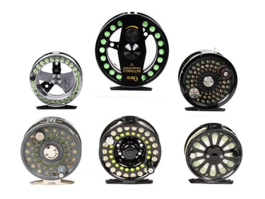 Six Fishing Reels, Orvis Battenkill, Sage, Garcia Mitchell #306, Lamson, Abel, Ross Reels