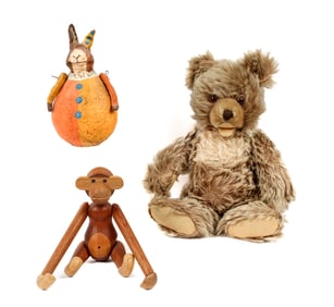 Kay Bojesen Teak Monkey, Steiff Zotty Teddy Bear, Roly Poly Rabbit, and Hermann Running Bear