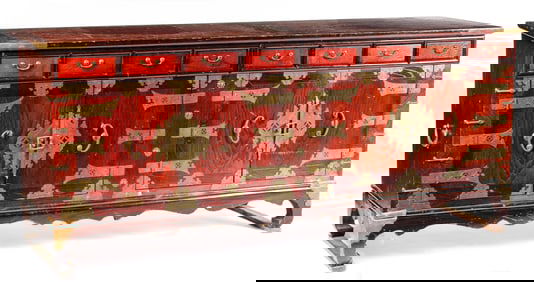 Vintage Korean Elm and Brass Sideboard