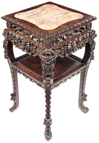 Antique Chinese Carved Hardwood and Marble Top Stand
