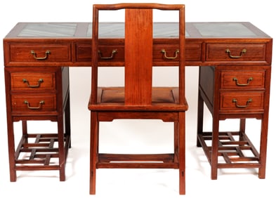 Vintage Chinese Marble and Elm Campaign Desk with Chair