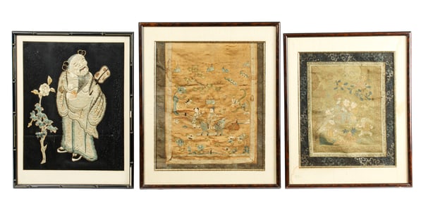 Three Antique Chinese Silk Embroidered Panels, Framed