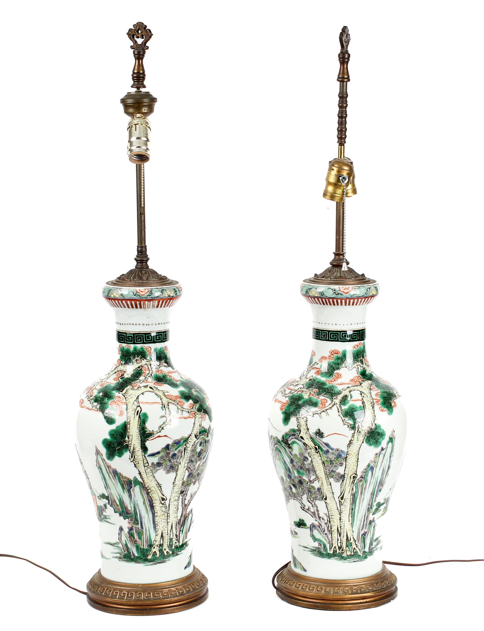 Near Pair of Chinese Porcelain Famille Verte Vases Converted to Lamps: Description: A near pair of Chinese porcelain famille verte urn-form vases converted to lamps. White ground decorated with a mountainous scene with a fisherman under a tree. Markings & Inscriptions: U