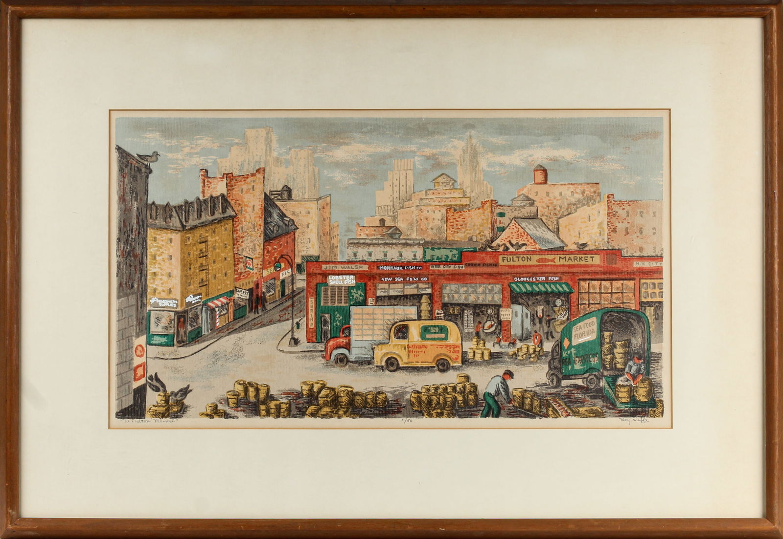 Ray Euffa (American, 1904-1977) The Fulton Market, Screenprint on Paper: Description: A framed, matted, and glazed screenprint on paper by Ray Euffa titled The Fulton Market. Numbered 11/50. Markings & Inscriptions: Signed, titled and numbered Date: 20th century Maker: Ray