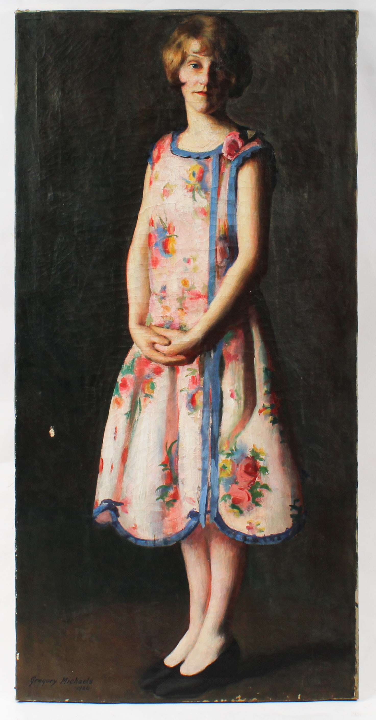 Art Deco Period Full Length Portrait of a Lady Wearing a Floral Dress, Gregory Michaels, 1920: Description: An Art Deco period oil on canvas full length portrait of a lady wearing a floral dress. Markings & Inscriptions: Signed and dated bottom left Date: 1920 Maker: Gregory Michaels (American,